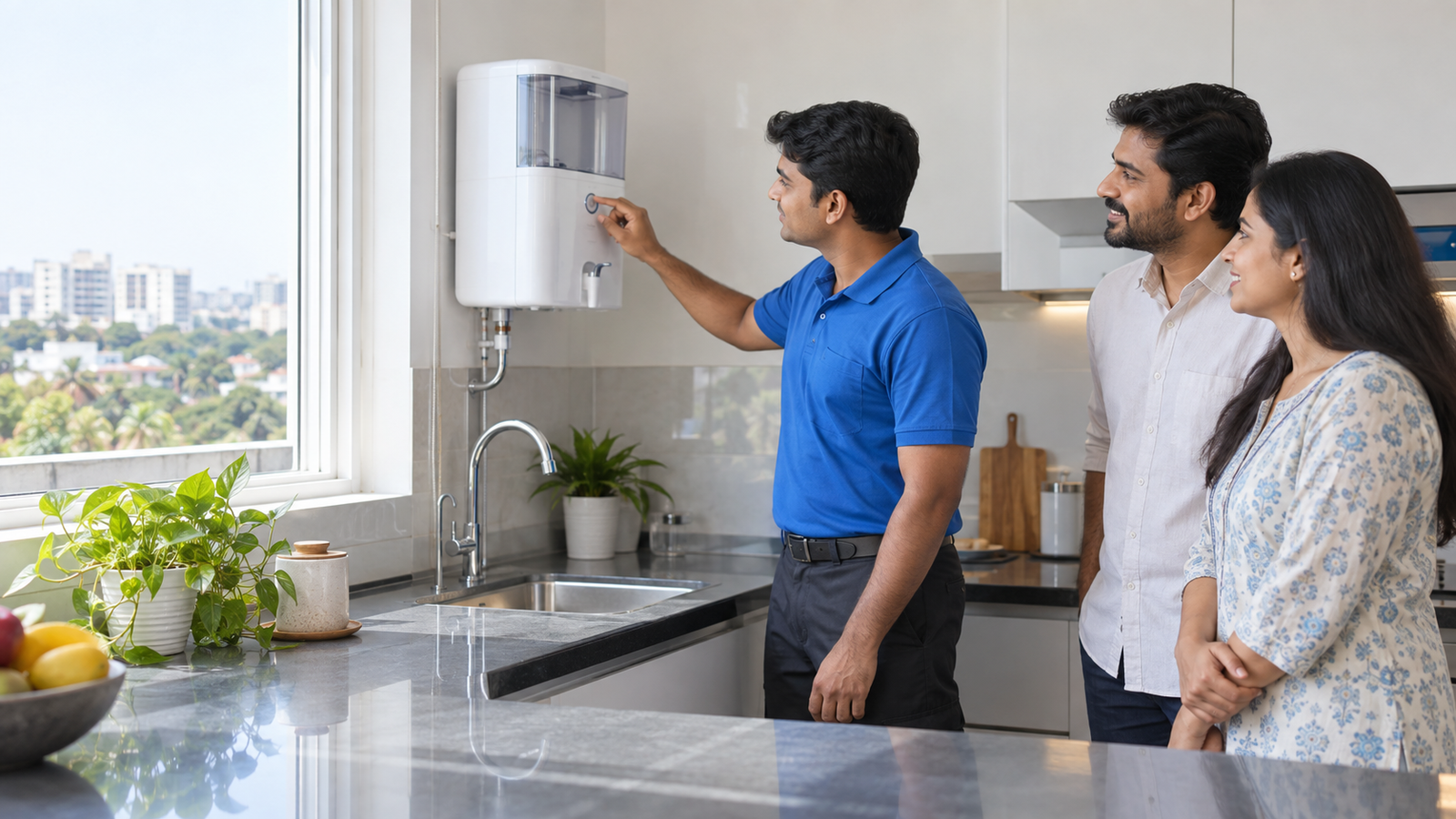 Illustration of a water purifier technician helping a family in a Hyderabad home